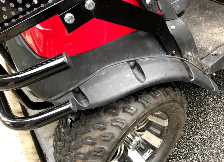 golf cart fender flares, brush guard and basket on a Club Car Precedent