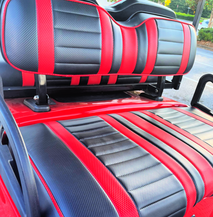 custom red and black golf cart seat on an EZGO golf cart