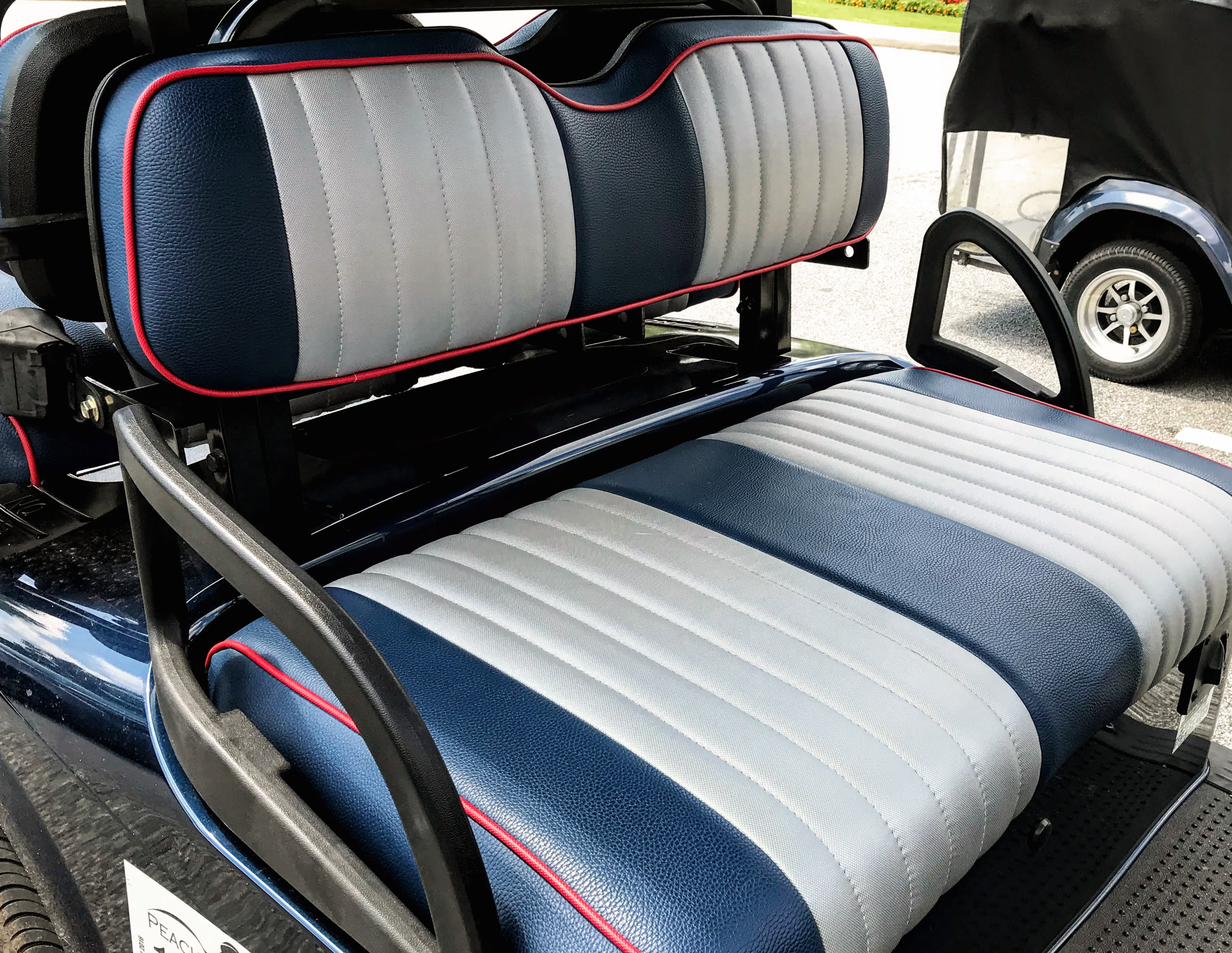 striped blue grey seat cover with red cording