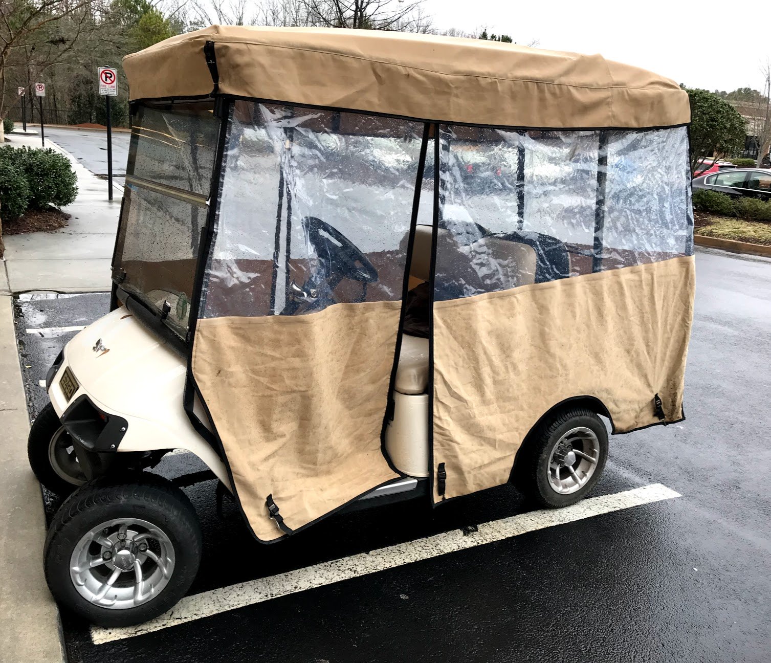 Tan EZ GO golf cart enclosure