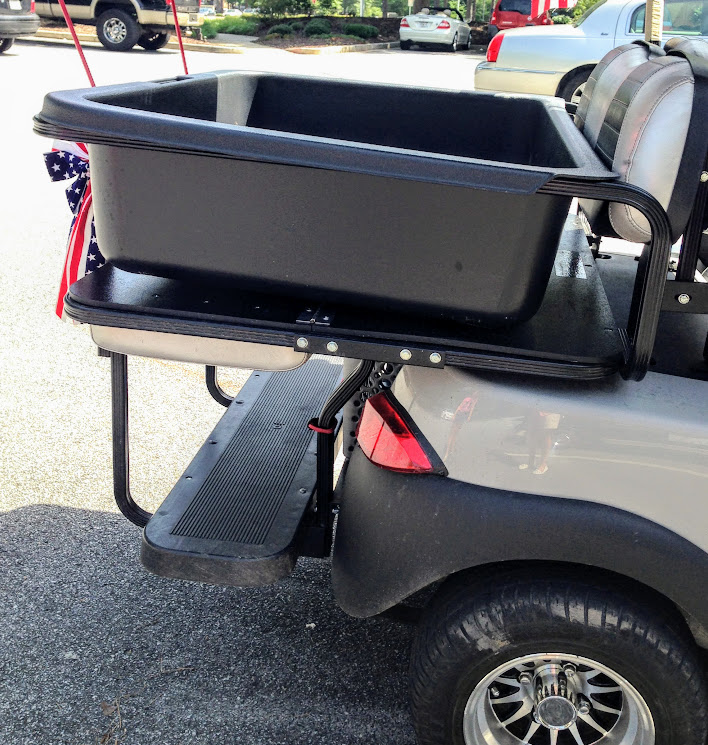 plastic golf cart cargo box on flip down rear seat